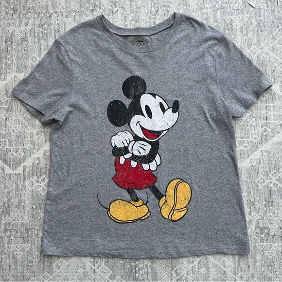 Disney Grey Classic Mickey Mouse Distressed Graphic Crew Neck Tee Shirt Size M - Picture 1 of 8